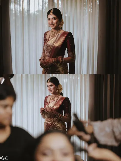A behind-the-scenes collage of the bride getting ready, capturing the final touches and her elegant look.