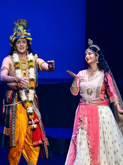 The divine playfulness of Lord Krishna is captured in this interactive scene. My choreography often explores the various facets of gods and goddesses, from their immense power to their relatable, human-like qualities.
