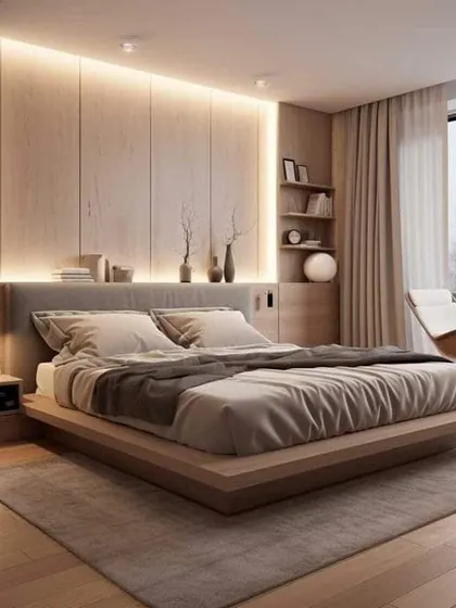 An identical view of the serene, minimalist bedroom, highlighting the clean lines and warm, ambient lighting that define this tranquil space.