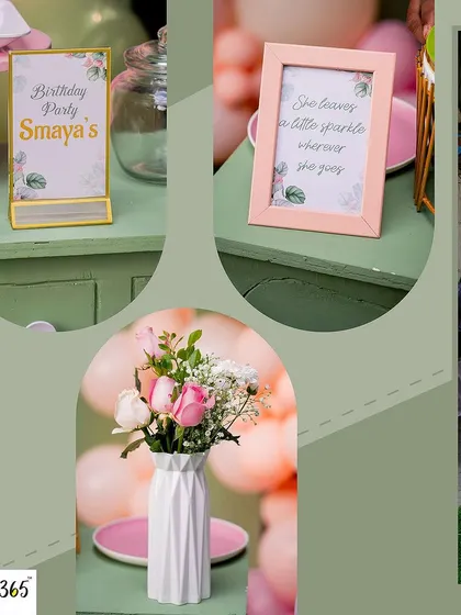 The small touches that complete the theme. This collage shows a custom-printed birthday sign, a framed quote, and a delicate vase of roses, all coordinated with the party's color scheme.