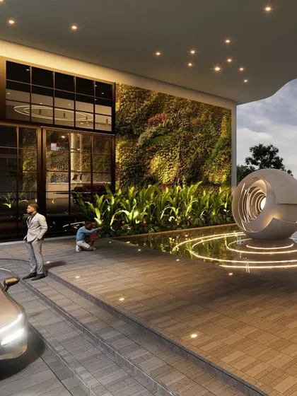 The drop-off area for the RRBC project features a sculptural water fountain and a striking vertical green wall. The design emphasizes tranquility and sophistication, ensuring a welcoming and elegant arrival experience.
