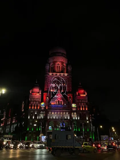 A projected image of a female figure on the facade of the BMC building during the Independence Day celebrations.