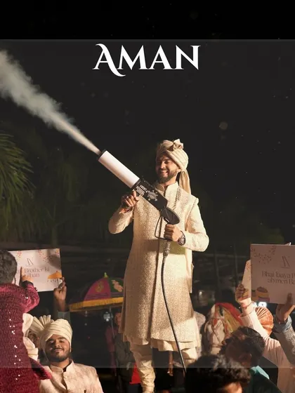 The groom's baraat in full swing with a CO2 smoke gun. We bring the party elements to make the groom's procession an epic celebration.