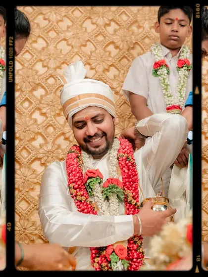 A creative, film-style edit of the groom during a wedding ritual.