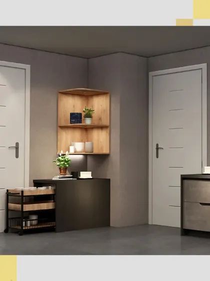 This image highlights a smart storage solution for awkward corners. The combination of open and closed storage is ideal for keeping essentials handy but out of sight in transitional spaces like hallways.