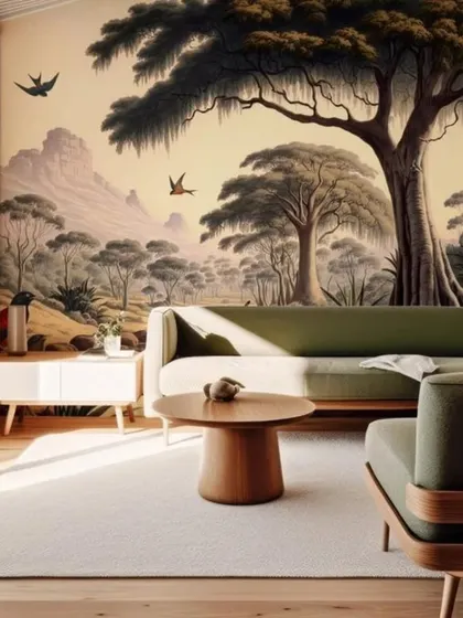 This scenic wallpaper depicts a vast, stylized landscape with birds in flight. The earthy tones and artistic rendering create a peaceful and sophisticated mural for a living or office space.