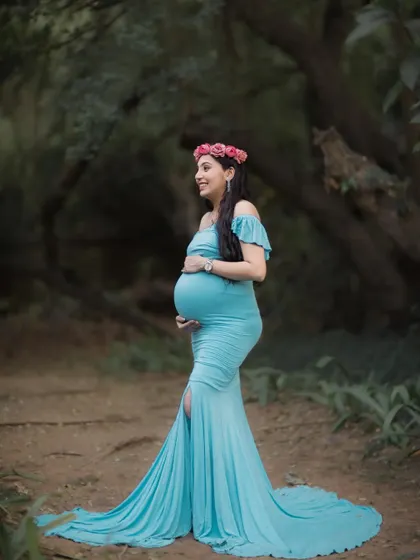 A stunning side-profile of the mom-to-be in a light blue gown, set against a darker, wooded background that makes the subject stand out.