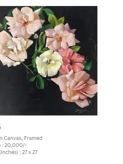 This framed oil painting of pink and white roses against a dark background is ready to be displayed. The framing complements the artwork, making it a complete package for a client or as a gift.