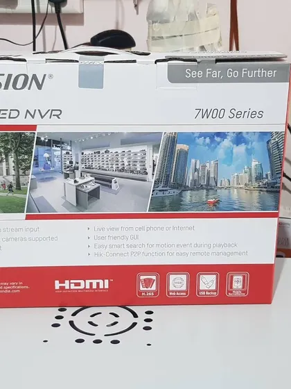 The box for a Hikvision embedded NVR from the 7W00 series, which I use for managing and recording IP camera feeds.