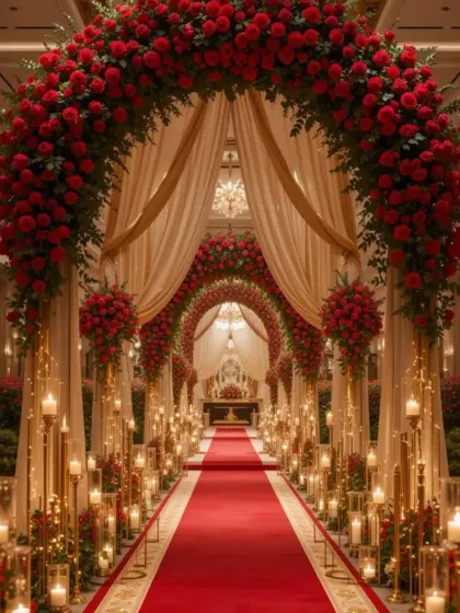 This wedding aisle combines the romance of red roses with the elegance of soft drapery and candlelight. The repeating floral arches create a beautiful sense of depth, leading guests toward the main ceremony.
