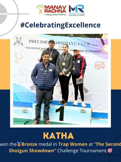 Our shooter Katha celebrates her Bronze medal win in Trap Women at 'The Second Shotgun Showdown' Challenge Tournament, another podium finish for our talented athletes.