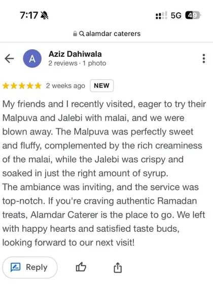 A detailed review praising our Malpuva and Jalebi with malai, calling them authentic Ramadan treats.