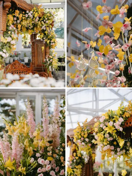 A collage of the Haldi details, from the floral-adorned swing to the delicate hanging orchid strings. Every element was carefully curated to create a cohesive and beautiful experience.