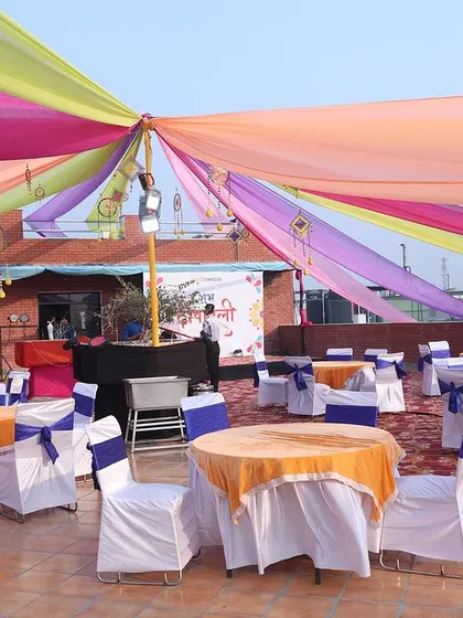 The outdoor seating arrangement for the Diwali event. I can set up comfortable and stylish seating areas in any location, be it a rooftop or a lawn.