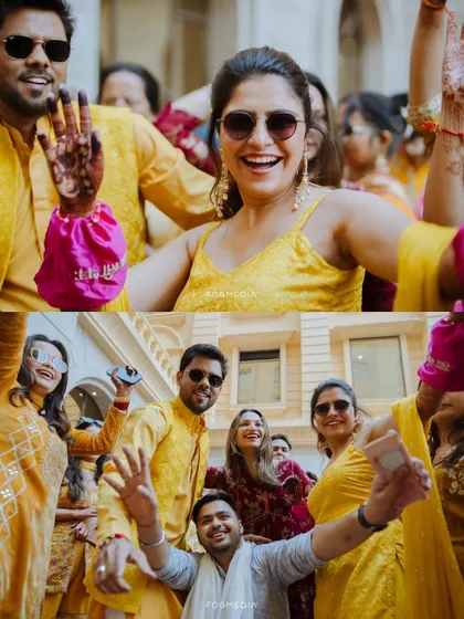 A collage showing the energy of a Haldi party, with guests dancing, laughing, and celebrating the happy couple.