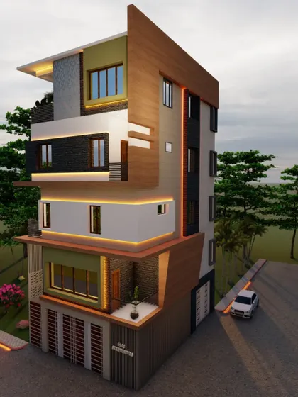 A corner view of the RR Nagar project, showing how the design wraps around the building.
