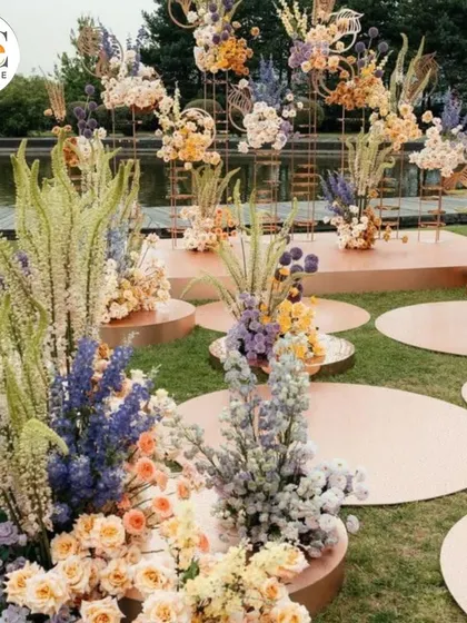 A unique and artistic floral installation for an outdoor ceremony. The scattered arrangements on copper platforms create a beautiful, meadow-like aisle.