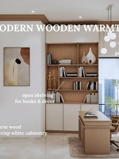 A 3D render of a modern, spacious study with warm wood and crisp white cabinetry, open shelving, and contemporary pendant lighting.