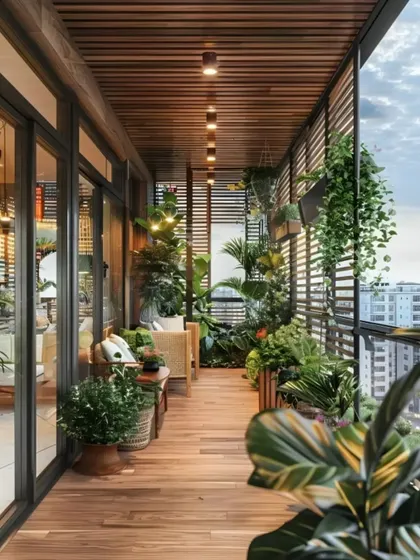 A long balcony designed as an extension of the living space. The wood decking and ceiling, combined with extensive planters and privacy screens, create the feeling of a luxurious sky garden.