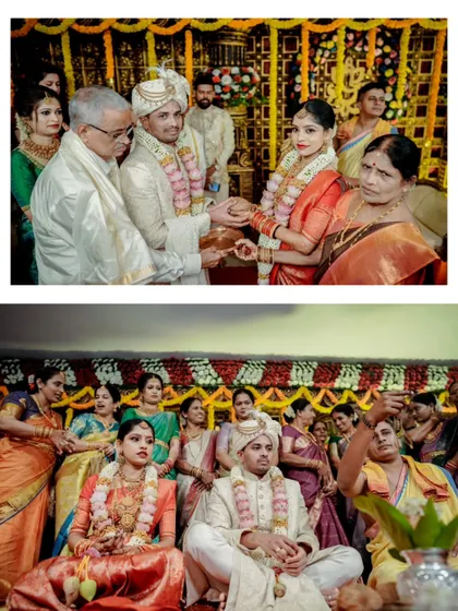 A collage of important wedding rituals, capturing the solemnity and tradition of a South Indian ceremony.