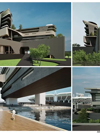 Additional views of the clubhouse and hotel, showing the dramatic undercroft and sloped landscape.