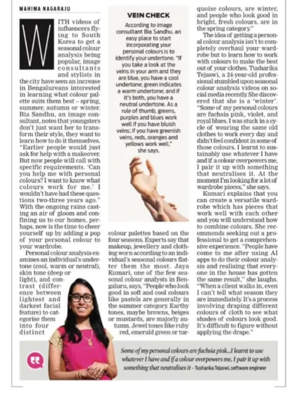 I was so excited to be featured in this article in The New Indian Express. The piece discusses the growing trend of seasonal color analysis in Bengaluru and how it helps people learn to work with their best colors.