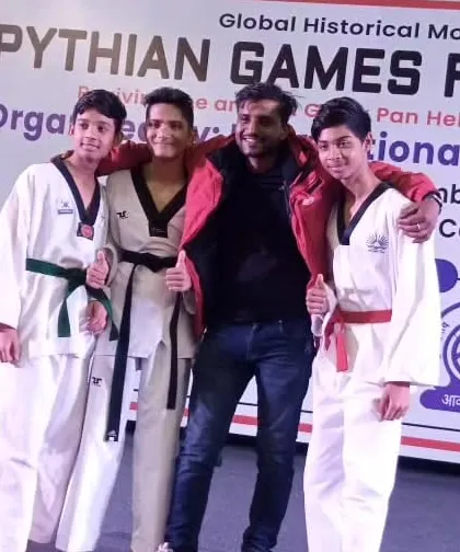 With my three gold medalists at the 1st Pythian Games Festival 2023. A clean sweep for my champions.