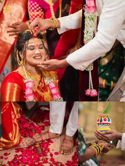 Key moments from a South Indian wedding ceremony, including the application of sindoor and the 'saptapadi' ritual of taking the first steps together.
