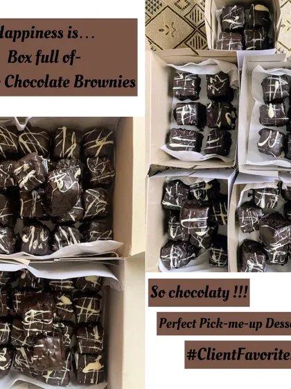 A collage celebrating my client-favorite Double Chocolate Brownies.