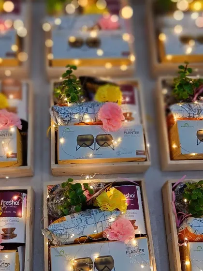 A grid view of our planter-themed Diwali hampers, showing the beautiful consistency of a bulk order.