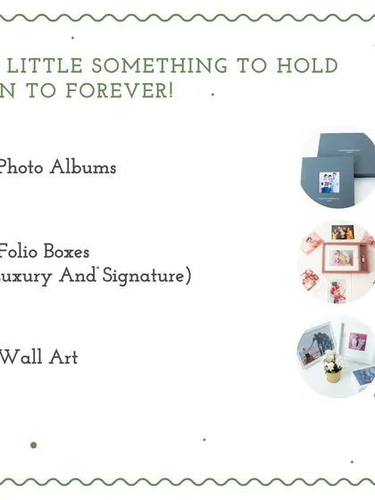 This graphic showcases the range of physical products I offer to help you preserve your memories, including Photo Albums, Folio Boxes, and Wall Art.
