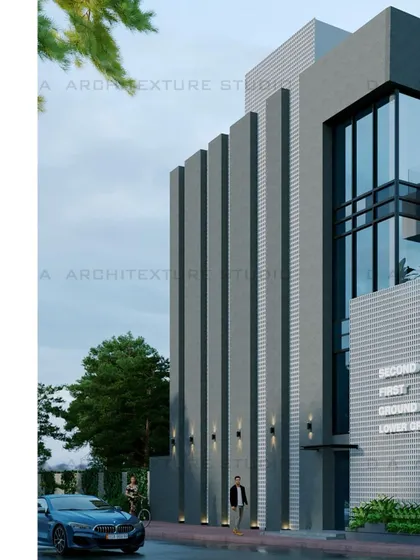 This is a 3D visualization for a commercial building, focusing on a facade with strong vertical lines. The design uses grey panels to create a sense of height and modernity, complemented by large glass windows for a transparent, corporate feel.