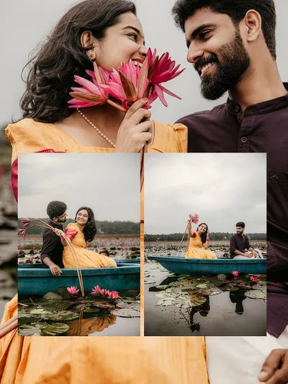 A collage of a couple's playful and romantic moments in a boat on a lake filled with water lilies.