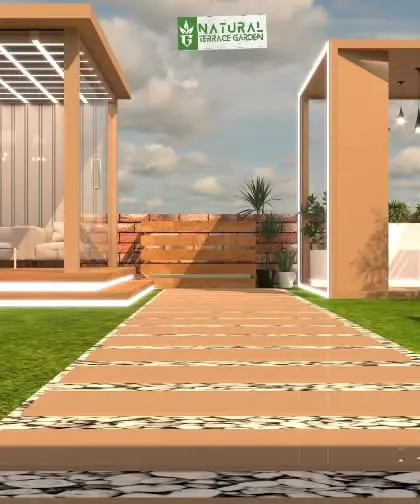A perspective view of the proposed Shahdara terrace. This render shows how the pathway connects the glass room, the pergola, and the water feature.
