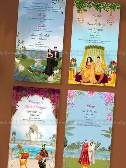 Here is another example of a complete, cohesive set of wedding invitations. From the Save the Date to the Pheras, each illustrated card tells a part of the couple's story and sets the theme for each event.