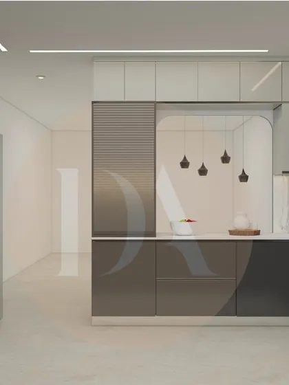 This view of the kitchen render highlights the integrated appliances and the pass-through window to the dining area. This feature is perfect for entertaining and connecting the spaces.