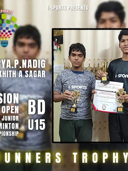 The doubles pair of Surya P. Nadig & Likhith A. Sagar with their trophies after securing the Runners-Up position in the U15 Boys Doubles at the Fusion Cup.
