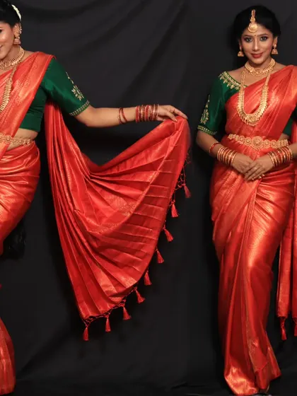 This collage showcases a classic Nivi drape with a fanned-out pallu, perfect for highlighting the intricate border and tassels of the saree.