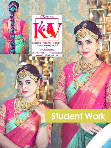 A stunning example of a student's work, showcasing a beautiful pink and green bridal look. I guide my students on color theory so they can create harmonious looks for any outfit.