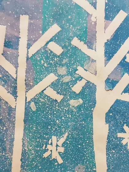 Here is the finished piece from our sponge painting session: "A Winter Storm." This beautiful tape-resist painting was made by my 3 to 6-year-olds.