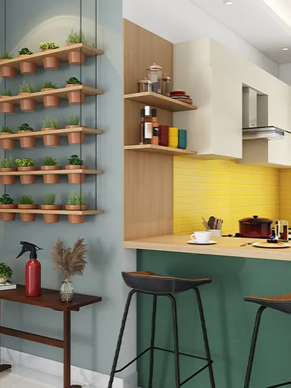 This kitchen features a vertical garden shelf, adding a touch of nature and freshness to the space. The breakfast bar with a green base complements the theme.