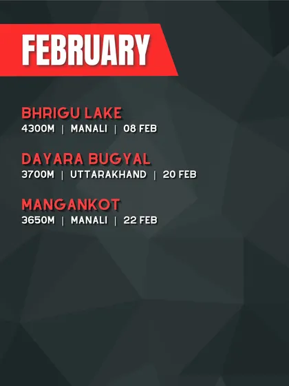 Our trek calendar for February 2025. A great time for winter treks in India, with batches for Bhrigu Lake, Dayara Bugyal, and Mangankot.