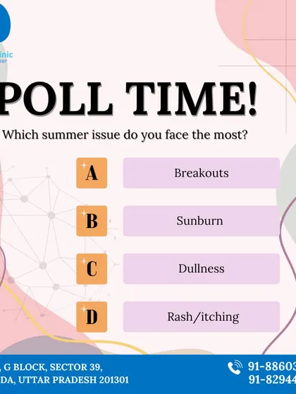 A poll asking about the most common summer skin issues. Whether it's breakouts, sunburn, or dullness, I offer expert solutions for all these concerns.