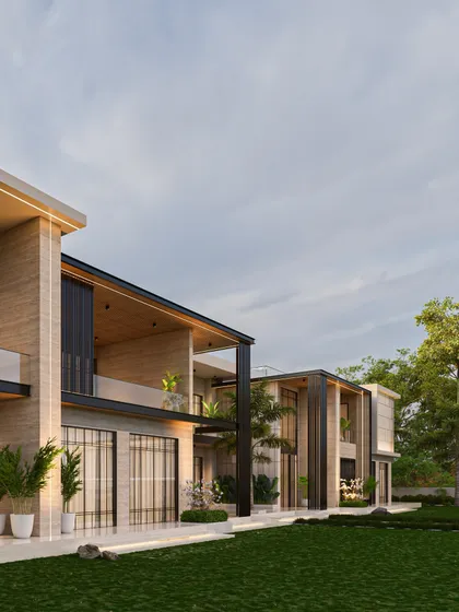 This render illustrates how the home's design balances openness and seclusion. Expansive glass walls connect living spaces to the garden, while solid, jutting volumes provide privacy and architectural drama.