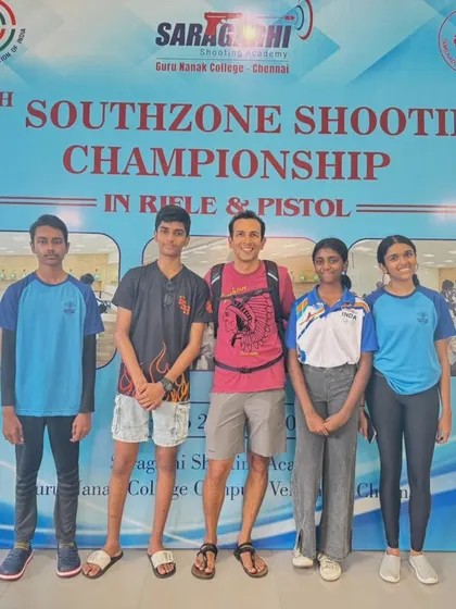 A group photo celebrating our team's success at the South Zone Air Pistol Shooting Championship. Our shooters brought home five gold and three bronze medals, a result of their relentless effort and commitment.