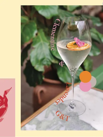 A stylized graphic of our Clementine & Lavender G&T. This visual breaks down the components of our popular gin and tonic, emphasizing the fresh, floral, and citrus notes that make it a house favorite.