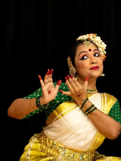 An expressive close-up from a student's solo debut, capturing the confidence and artistry nurtured at our kalari.
