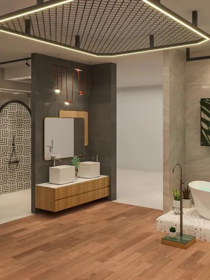 This 3D render from the Fima showroom design phase illustrates the planned layout, combining different vignettes. You can see a wooden vanity display in the foreground and a freestanding tub on a terrazzo platform, showing the variety of experiences.