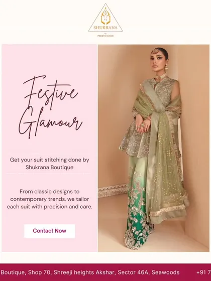 I offer festive suit stitching for all occasions, from classic designs to contemporary trends. This ad showcases a beautiful peplum-style suit, an example of the glamorous outfits we can create for you.