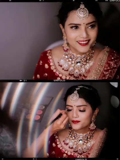A collage showing the bride's getting-ready process, from makeup application to the final look.